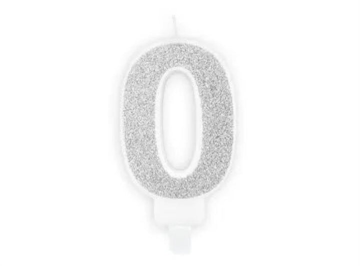 Kakelys nummer 0-9 sølv glitter, 7 cm