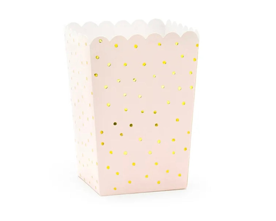 Popkornbokser - rosa med gull prikker