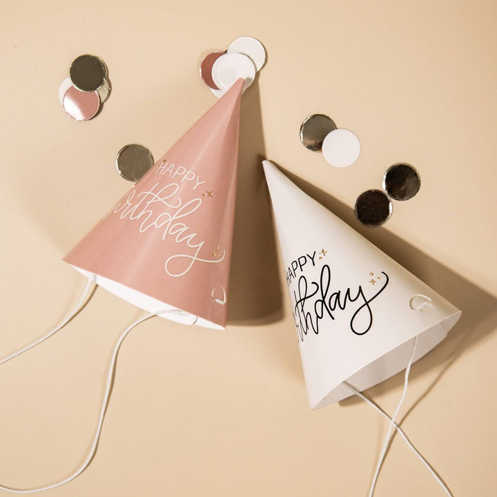 Partyhatter mini krem og rosa - «happy birthday»