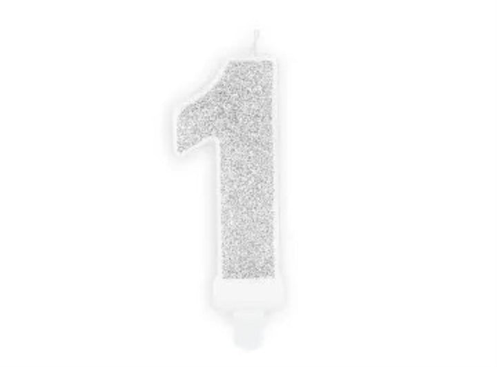 Kakelys nummer 0-9 sølv glitter, 7 cm