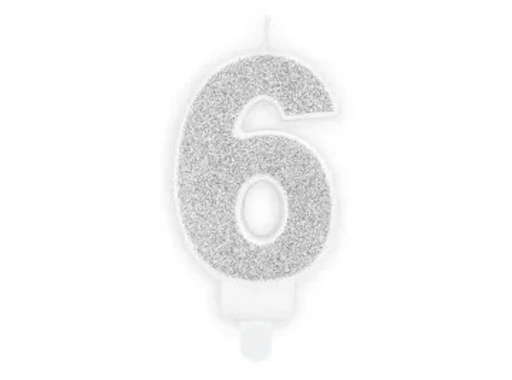 Kakelys nummer 0-9 sølv glitter, 7 cm