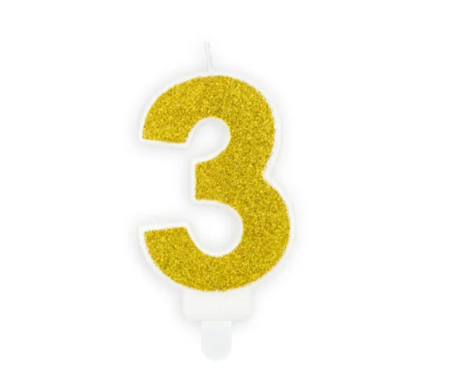 Kakelys - Nummer 3 , Gull glitter 7 cm