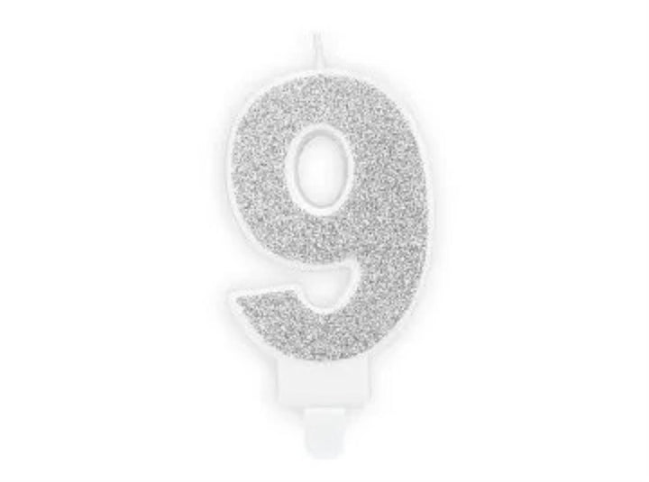 Kakelys nummer 0-9 sølv glitter, 7 cm