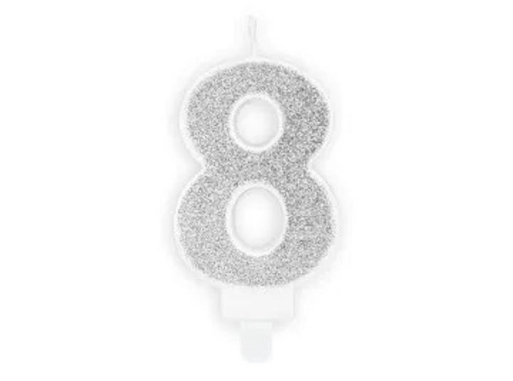 Kakelys nummer 0-9 sølv glitter, 7 cm