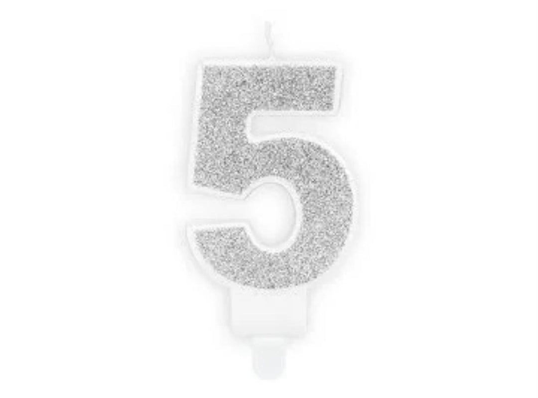 Kakelys nummer 0-9 sølv glitter, 7 cm