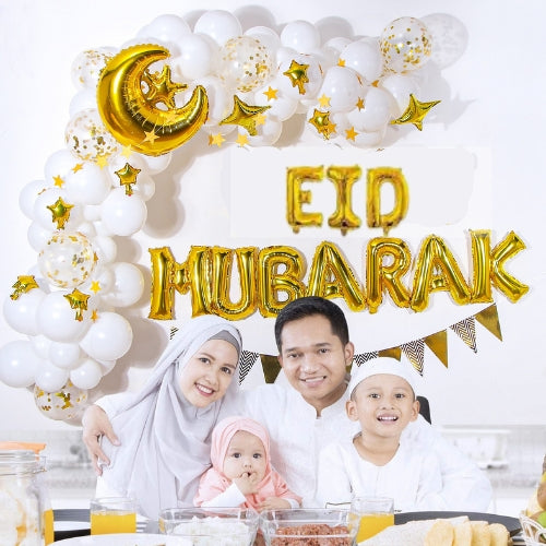 Ramadan/Eid Mubarak, Ballongbue, Hvit med Måne og Stjerner, Gull