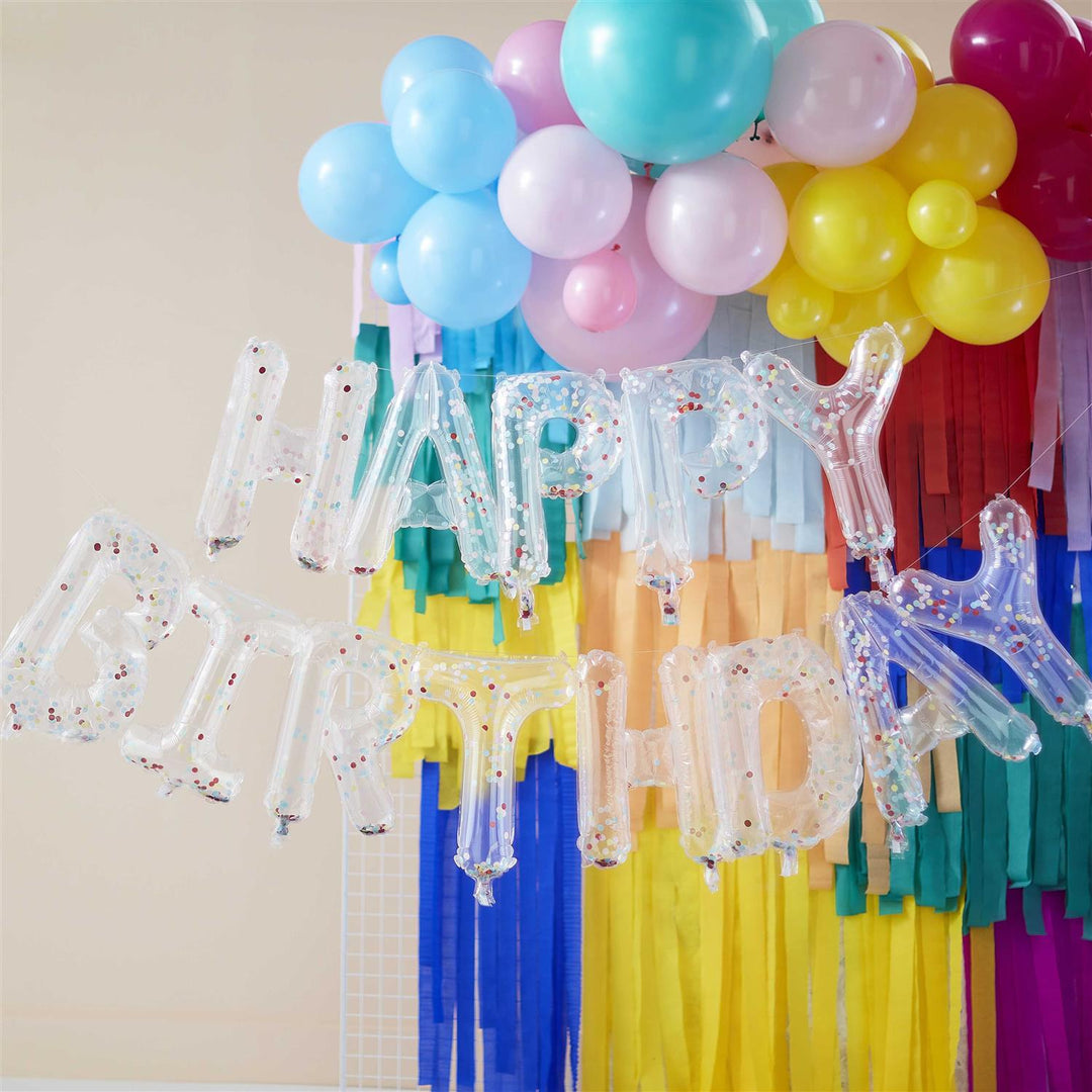 Konfettiballonger - Happy Birthday banner, Flerfarget