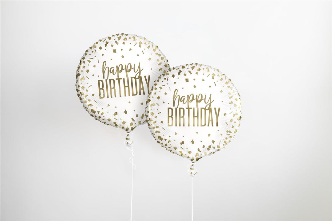 Folieballong - Happy Birthday, Hvit og Gull