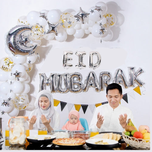 Ramadan/Eid Mubarak, Ballongbue, Hvit med Måne og Stjerner, Sølv
