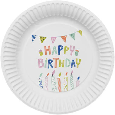 Papptallerken - Happy Birthday flerfarget